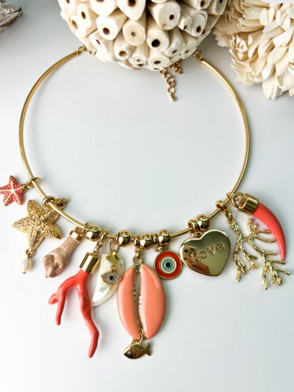 Coastal Charm Statement Necklace Coral Shell Starfish Gold Necklace